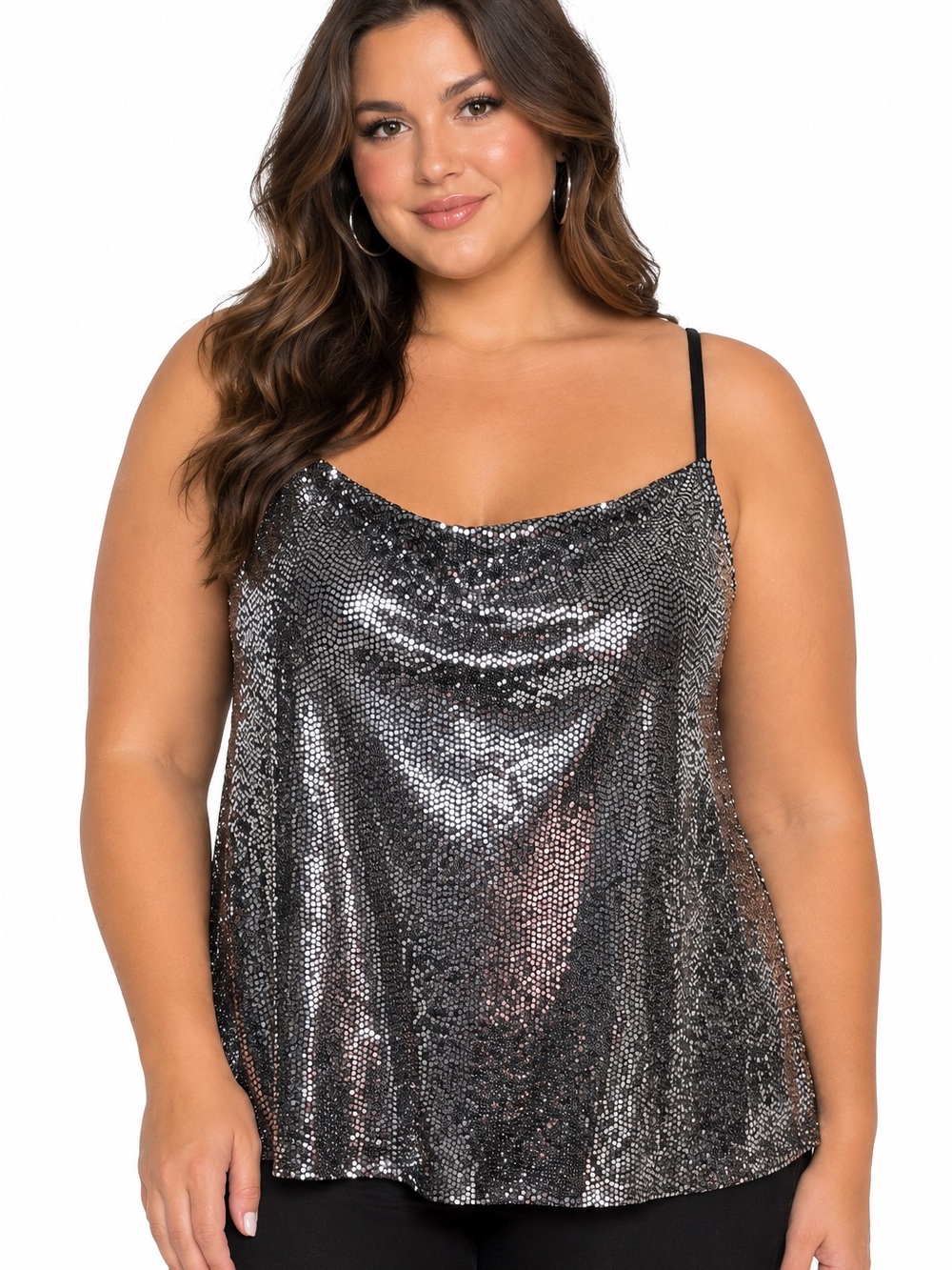 Sparkly Silver Black Sequin Cami Blouse Y2K Going Out Top 1XL